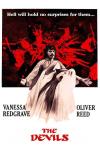 The Devils movie poster: A White man standing behind a White woman screaming, against a fiery red backdrop