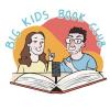 Big Kids Book Club: A cartoon of a white woman and man smile from behind a thick open book in front of them