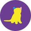 Little News Ears podcast art: a yellow silhouette of a cat with a blue ear and a pink ear sits in front of a purple circular background.