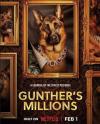 Gunther's Millions: A framed portrait of a german shepard with a jeweled collar with the left buttom corner peeled back to reveal money. 