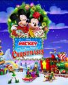 Mickey's Very Merry Christmases: Mickey and Minnie in a wreath floating above a Christmas landscape
