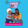Phoebe & Jay TV: Jay and Phoebe are embraced by Grandma Annie and Dad in a solid blue background.