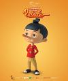 The Enchanted Village of Pinocchio poster: Pinocchio stands with his hands behind is back in a red shirt and yellow pants, in front of a bright backgr